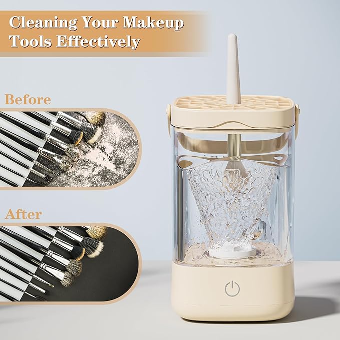 Electric Makeup Brush Cleaner - Portable Makeup Brushes Cleaning Machine, Automatic Spinning Cosmetic Brushes Washer, Make Up Brush Cleaner Tools for Most Sizes Brushes and Sponges (Beige)