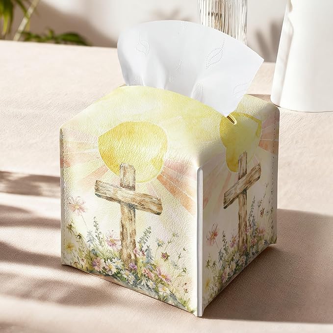 Cross and Wildflowers Tissue Box Cover Square, Religious Easter Waterproof Leather Tissue Box Holder, Cross Paper Facial Tissue Box Covers Cube for Officce Bathroom Home Prayer Room