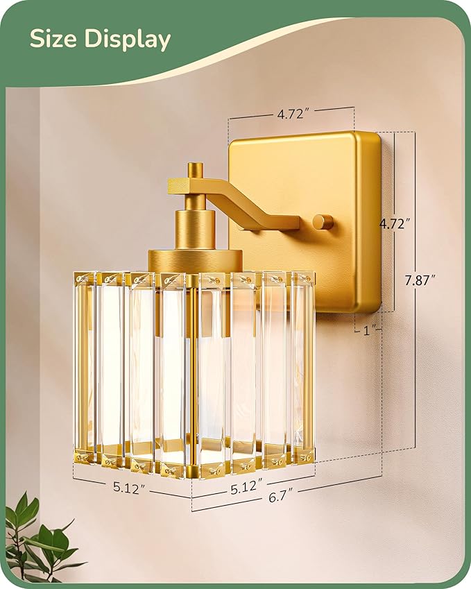 EDISHINE Hardwired Bathroom Vanity Light, Modern Bathroom Lighting Fixtures Over Mirror, Wall Sconces Set of Two with Crystal Shade, Bath Lamp for Living Room, Bedroom, Powder Room, E26 Base, Gold