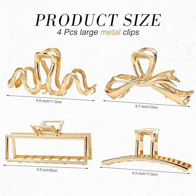 Obeoby Large Metal Hair Claw Clips for Women, 4 Pcs 4 Inch Gold Hair Clips for Thick Hair - Strong Hold Cute Fashion Barrettes Hair Accessories Holiday Birthday Gifts