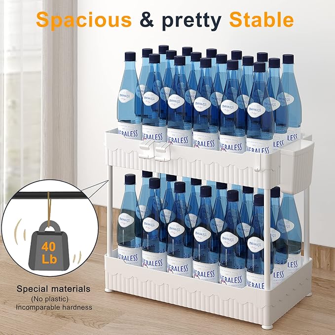 2 Pack Under Sink Organizer, Under Bathroom Cabinet Organizer with Hooks Hanging Cup, Multi-Purpose Storage Shelf for Kitchen Bathroom (White, 14.8 Inch)