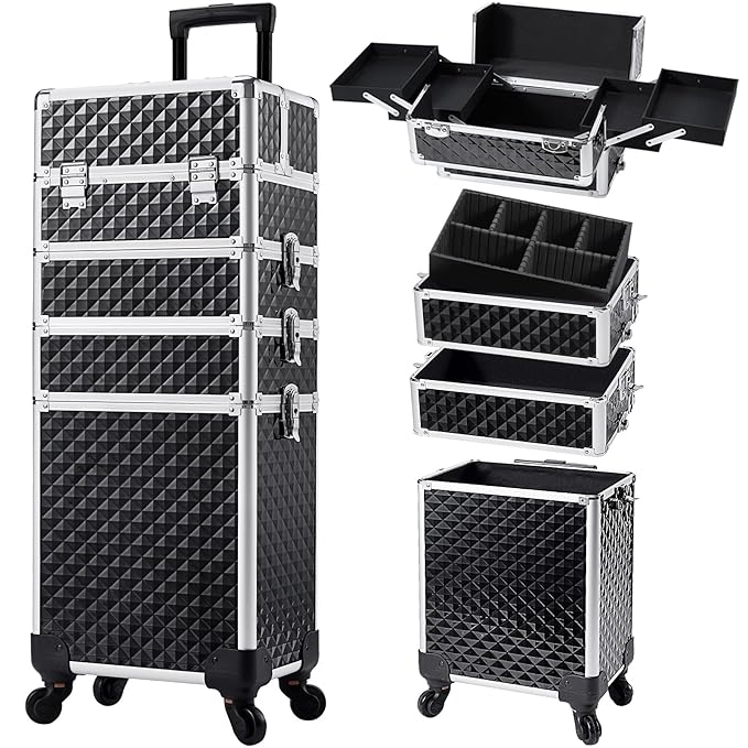 Stagiant Rolling Makeup Case Cosmetology Case on Wheels 4 in 1 Large Cosmetic Organizer Train Case Makeup Travel Case with Key Swivel Wheels Nail Artist Salon Storage Traveling Cart Trunk Black
