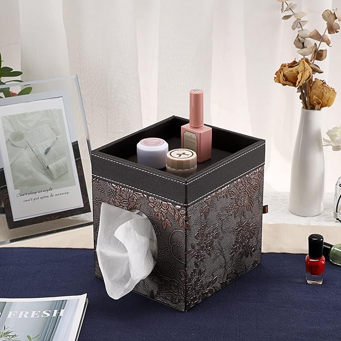 Sumnacon Leather Square Tissue Box Cover - Decorative Cube Tissue Box Holder with Tray, Stylish Facial Tissue Holder for Bathroom Vanity Dresser Table Home Office Bar, Brown Flower
