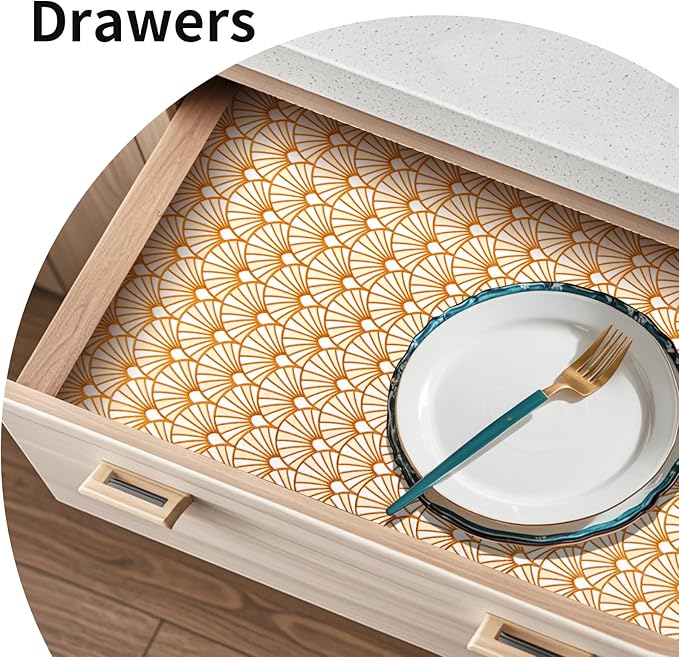 Shelf and Drawer Liner for Kitchen Cabinet,Non-Adhesive Waterproof Oil-Proof Easy Clean Shelf Liner for Dresser & Bathroom Vanities with Adhesive Dots & Cutting Tool(12 in X 20 Ft Gold Fish Scale)