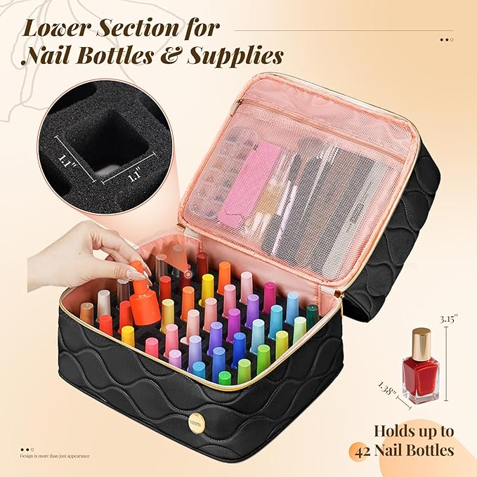 YOREPEK Nail Polish Organizer Holds 42+ Bottles (15ml/0.5 fl.oz), 2-Layer Nail Travel Case with Compartments for Nail Stuff, Nail Tech Organizers and Storage for Supplies, Gifts for Manicurist, Black