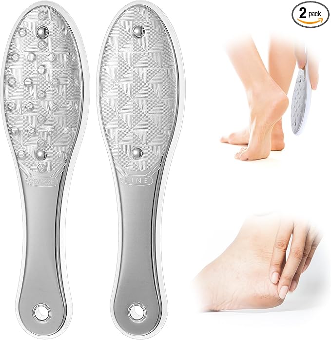 2 Pcs Foot File Metal Stainless Steel Double Sided Feet Rasp Surface Scraper Scrubber Professional Grater Heel Corns Callus Remover Pedicure Care Tools for Wet Dry Hard Dead Skin