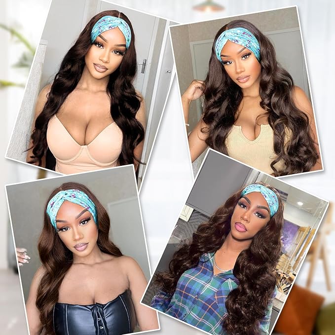 xccoco Brown HeadBand Wigs for Women Long Wavy Headband Wigs 24inch Put On and Go Glueless Wig Loose Curly Synthetic Half Wig Natural Looking Long Wigs for Women 200% Density