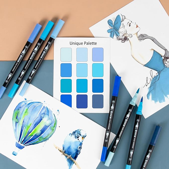 Blue Duo Tip Marker Pens, 12 Pack Fine & Brush Markers for Adult Coloring Books No Bleeding, Ocean Blue Markers for Sky & Sea Landscapes, Water Effects, Calming Mandalas and Journaling