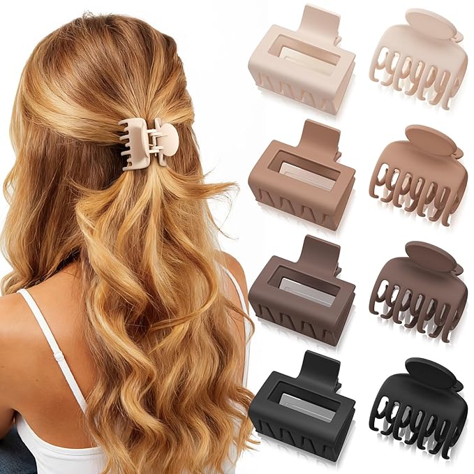 8 Pcs Medium Hair Clips for Women Girls - 2 Styles Rectangle and Double Row Teeth Small Claw Clips for Thin Fine Thick Hair, Matte Non-slip Strong Hold Jaw Clips Hair Accessories, Neutral