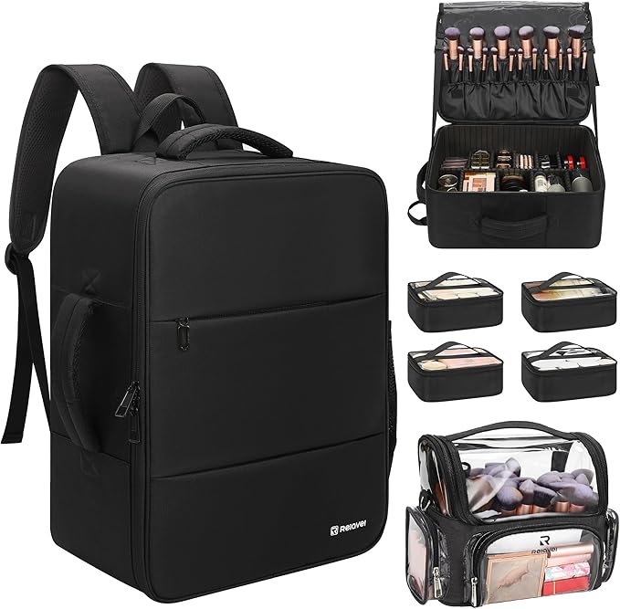 Relavel Makeup Bag Travel Train Case Makeup Backpack with 4 Clear Bags & Makeup Brush Case, Professional Makeup Artist Kit Set Bags, Cosmetics Storage Organizer Box with Adjustable Dividers, Black
