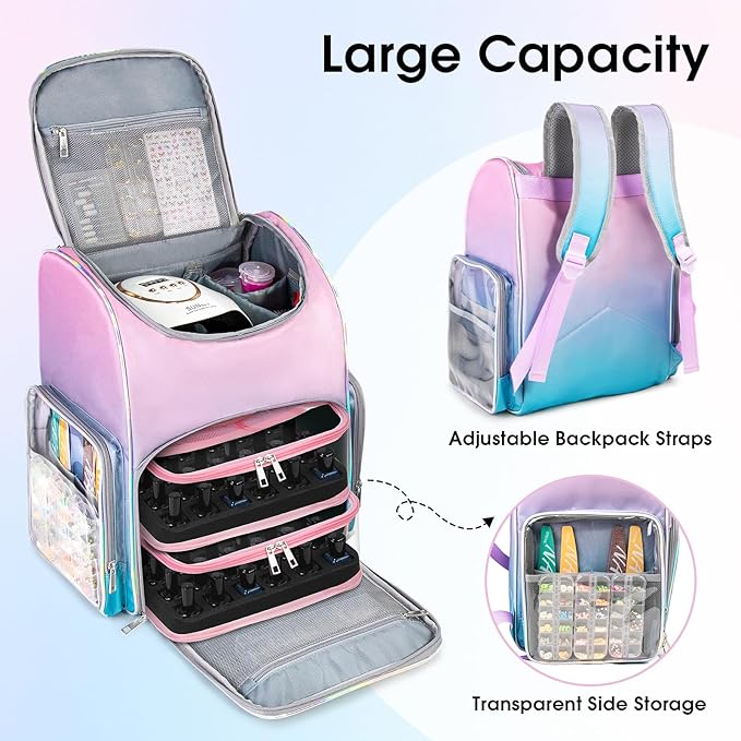 Nail Polish Organizer Bag Large Nail Polish Storage Organizer Case Backpack Holds 60 Bottles and Nail Lamp with 2 Removable Case Professional Nail Supplies Organizer for Manicurist