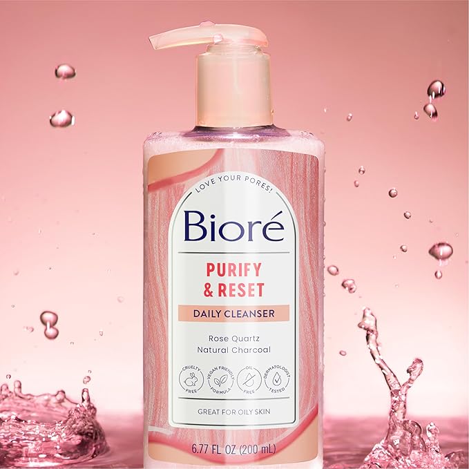 Bioré Rose Quartz + Charcoal Daily Purifying Cleanser,Oil Free Facial Cleanser Energizes Skin,Dermatologist Tested and Cruelty Free,6.77 oz,(Pack of 2)