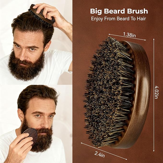 Beard Brush for Men, Travel Pocket Mustache Brushes Grooming Kit with Natural Boar Bristle and Sapele Wood, Folding Scissors & Pouch, Facial Hair Brush Detangles & Shine, Stocking Stuffers