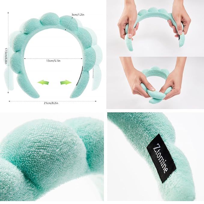 Spa Terry Cloth Face Washing Headband Combo - Set of 2 Puffy Makeup Headbands for Facial Care (Blue + Turquoise)