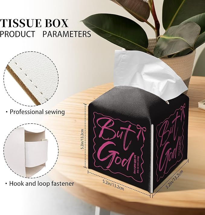 Grace Yonks Cute Tissue Box Cover Square - “But God” Christian Quote in Pink on Black Design 5.2" PU Leather Holder for Vanity, Desk, or Bathroom Counter - Cube Case for Facial Tissues(023)