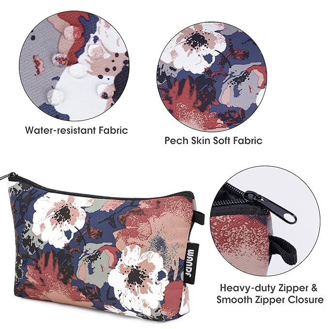 WANDF Cosmetic Bag for Women Makeup bag Organizer Mini Makeup Pouch for Purse Water Resistant Girls Gift (Blue Flower)