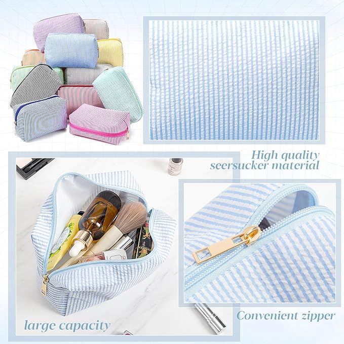 Sanwuta 12 Pcs Seersucker Cosmetic Bags Bulk Seersucker Makeup Bags Stripe Women Pouch Large Preppy Storage Pouch Toiletry Travel Organizer for Wedding Bridesmaid Bride Favor Mom Gift (Neutral)