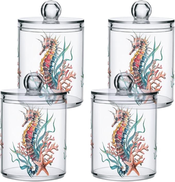 4 Pack Qtip Holder Dispenser Seahorse Starfish Watercolor Ocean Cotton Ball Cotton Swab Cotton Round Pads Floss Clear Bathroom Storage Containers Plastic Apothecary Jars with Lids