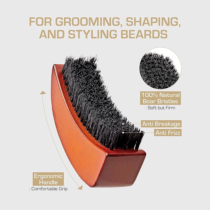 Red by Kiss Beard Brush with 100% Natural Boar Bristles for Men, Premium Wooden Brush, Beards Mustaches Grooming Shaving Comb, Tame and Soften Facial Hair (Moon Shape)