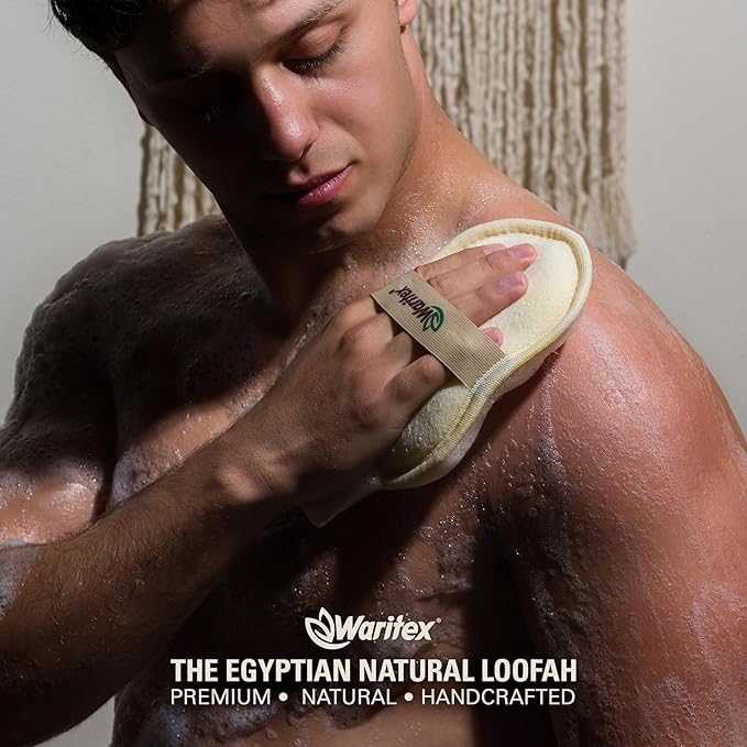 Waritex Egyptian Loofah Exfoliating Body Scrubber with Hand Strap, Oval Shower Pads Made from Natural Egyptian Loofah Fibers, Gentle Cleansing for Face and Body, for Men and Women 2 Count (1 Pack)
