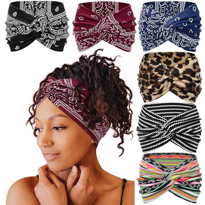 Tobeffect Wide Headbands for Women, 7'' Boho Turban Headband Large Hairband Twisted Hair Accessories, 6 pack