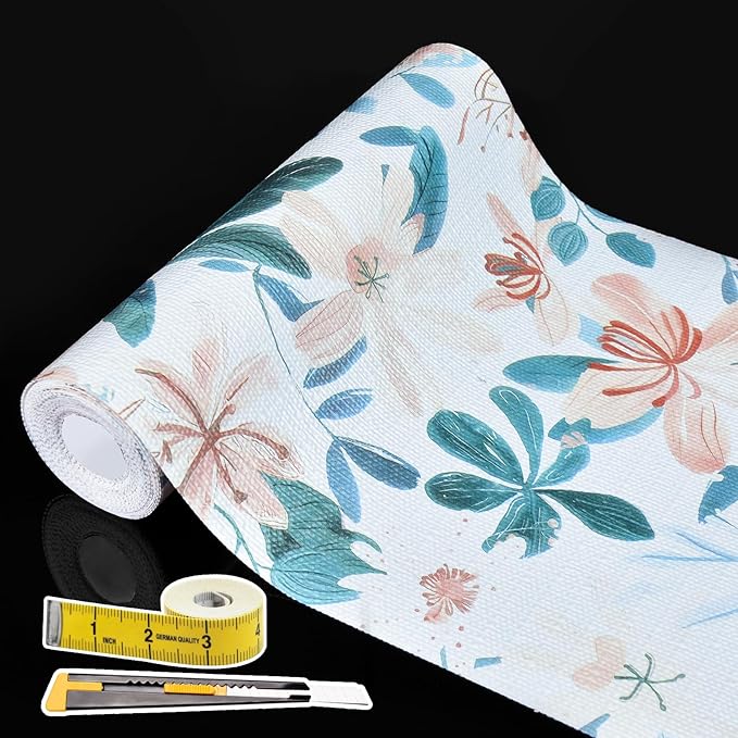 Shelf Liners for Kitchen Cabinets 17in x 30FT, Non Adhesive Drawer Liner Colored Flowers Thickened Shelf Liner Non-Slip Easy to Clean for Tool Box Refrigerator with Knife and Tape Measure