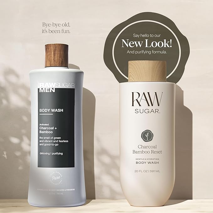 RAW SUGAR Charcoal Bamboo Reset Gentle & Hydrating Body Wash, 20 Fl Oz (Pack of 1), Moisturizing & Refreshing Bath & Shower Gel, Vegan, Formulated without SLS/SLES & Parabens