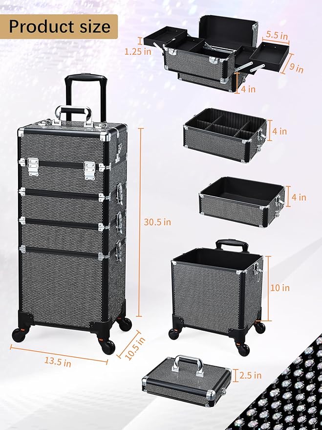 Costravio 5 in 1 Rolling Makeup Case on Wheels Large Cosmetology Case Organizer Beauty Cosmetic Train Case Travel Nail Cart for Make-up Studio Hair Salon, Black Rhinestone