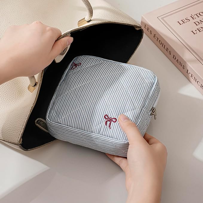 Small Quilted Striped Cosmetic Pouch for Purse, Mini Cotton Makeup Bag with Compartments, Cute Zipper Lipstick Holder for Women (27 Thin Stripes)
