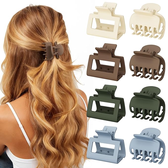 8 PCS Medium Hair Clips for Women Girls - 2 Styles Rectangle and Double Row Teeth Small Claw Clips for Thin Thick Hair, Matte Non-slip Strong Hold Jaw Clips Hair Accessories, Chic Colors