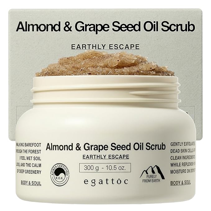Himalayan Salt Body Scrub, Almond & Grape Seed Exfoliating Oil Scrub with BHA LHA, Deep Nourishing Body Polish for Dry Rough Skin, Real Grape Seed Powder, Dark Forest Scent, 10.5 oz