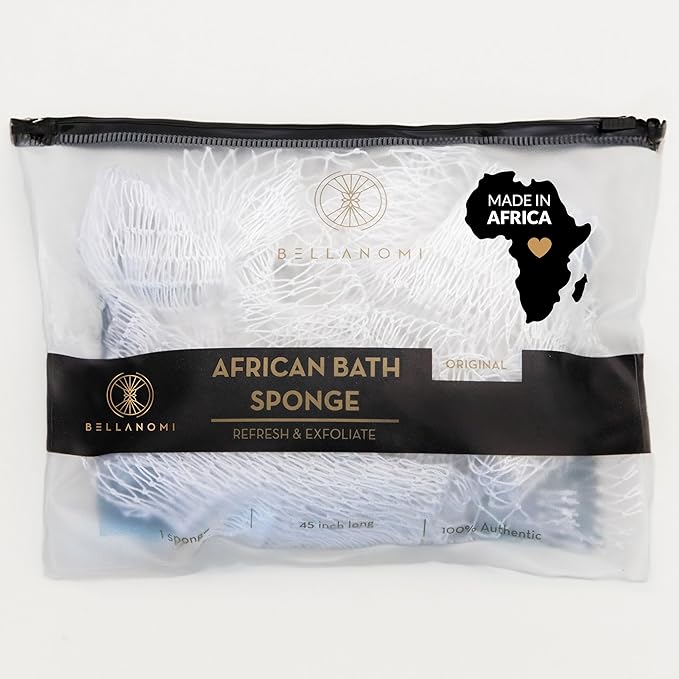 BELLANOMI African Exfoliating Net Sponge, Authentic, Ethically sourced from Nigeria, 45 inches Long, Back Scrubber for Daily use (White)