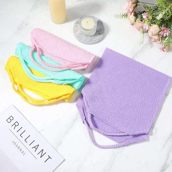 4PCS Exfoliating Back Scrubber with Handles, Nylon Double-Sided Exfoliator Extended Length Stretchable Body Exfoliating Washcloth Pull Strap Back Washer for Women Men(B)