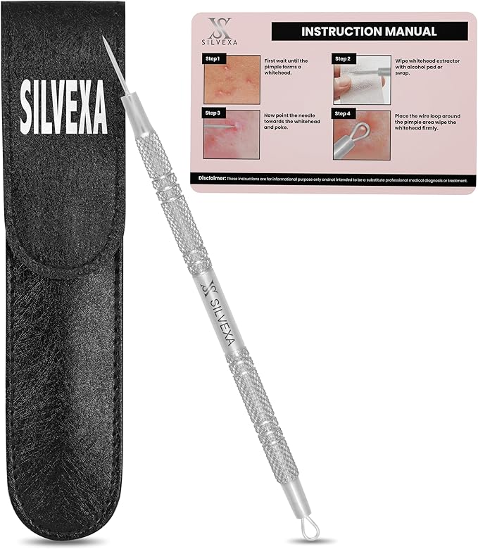 Milia & Whitehead Remover Lancet Tool – Double-Ended Angled Loop & Sharp Needle Extractor for Facial Blemish Extraction – Dermatologist-Inspired Design with Synthetic Leather Storage Case