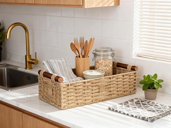 Back of Toilet Basket, Khaki Wicker Toilet Tank Basket for Toilet Paper Storage, Basket for Toilet Tank Top, Neutral Bathroom Organizer for Wipes & Essentials