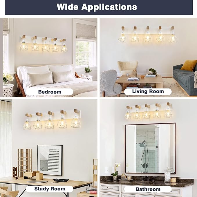 White Bathroom Vanity Light Fixtures, 5-Light Wood Bathroom Light Fixtures Over Mirror, Rustic Sconces Wall Lighting with Elegant Metal Lampshade for Living Room, Bedroom, Hallway