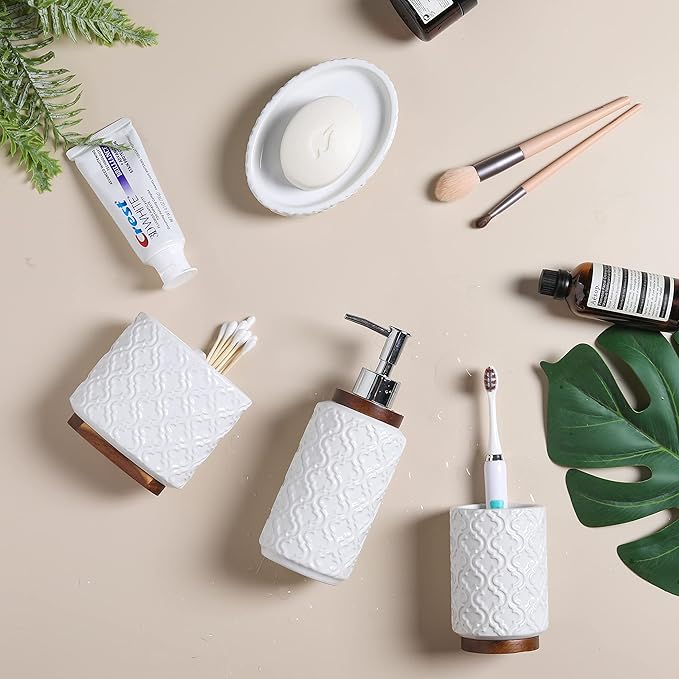 Elegant Bathroom Accessories Set 4 PCS Ceramic and Wood Bathroom Accessory Set Soap Dispenser Toothbrush Holder Tumbler Soap Dish Easy to Clean Quatrefoil Pattern White