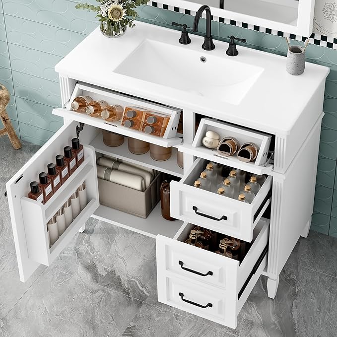 Harper & Bright Designs 36" Bathroom Vanity with Sink, Free Standing Vanity Set with 4 Drawers, Storage Racks, and Adjustable Shelf, Wood Bathroom Cabinet with Ceramic Basin for Bathroom, White