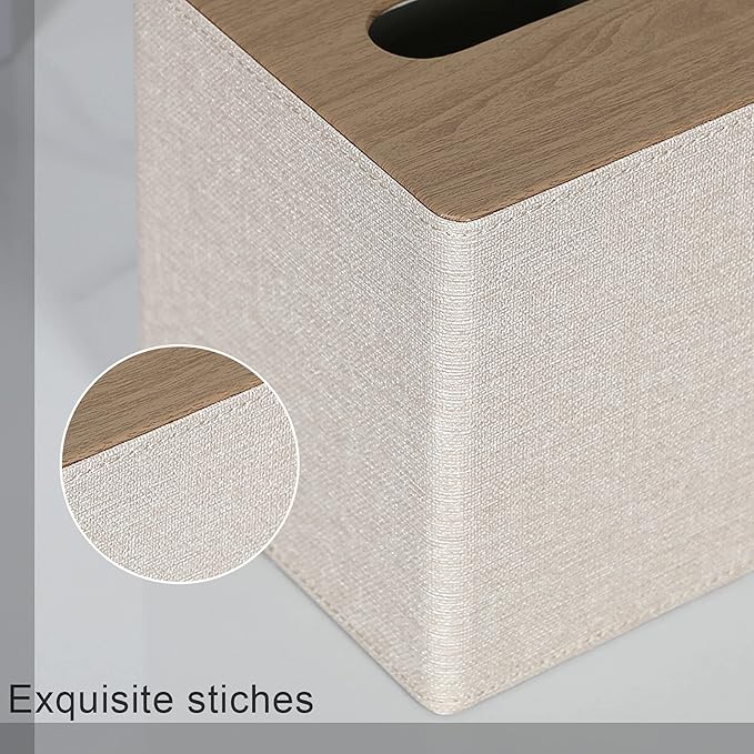 Tissue Box Cover Square PU Leather Facial Tissue Box Holder for Dresser Bathroom Decor (Beige)