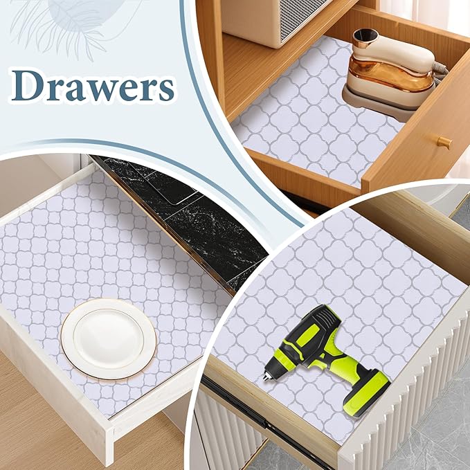 Shelf Liners for Kitchen Cabinets 12in x 30FT Non Adhesive Drawer Liner Silver Quatrefoil Shelf Liner Paper Strong Non-Slip Easy to Clean for Tool Box Refrigerator with Knife and Tape Measure