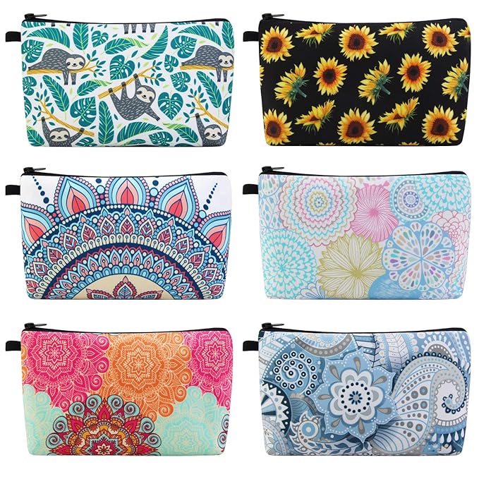 MAGEFY Makeup Bag 6 Styles Portable Travel Cosmetic Bag for Women Flower Patterns Zipper Pouch Sloth Gifts Makeup Pouch with Black Zipper (6 packs)