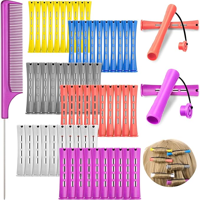 WILLBOND 60 Pieces Hair Perm Rods Set Plastic Cold Wave Perming Rods for Natural Hair Long Short Curling Rollers with Rat Tail Comb for Hairdressing(Soft Color,Multi Sizes)