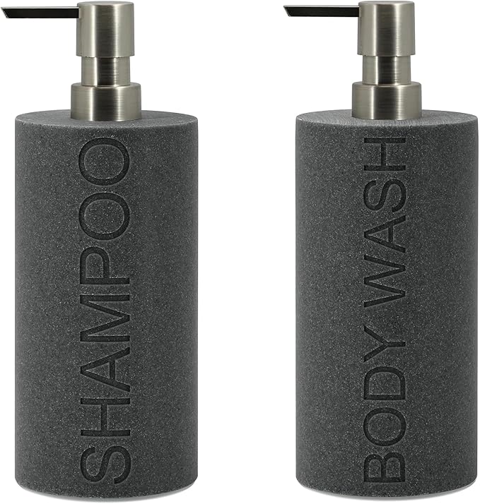 Resin 2 Pack Shampoo, Conditioner or Body Wash Dispenser Set, Luxurious Refillable Pump Bottles with Matte Pump Top and Embossed Text, Durable Design for Bathroom and Shower
