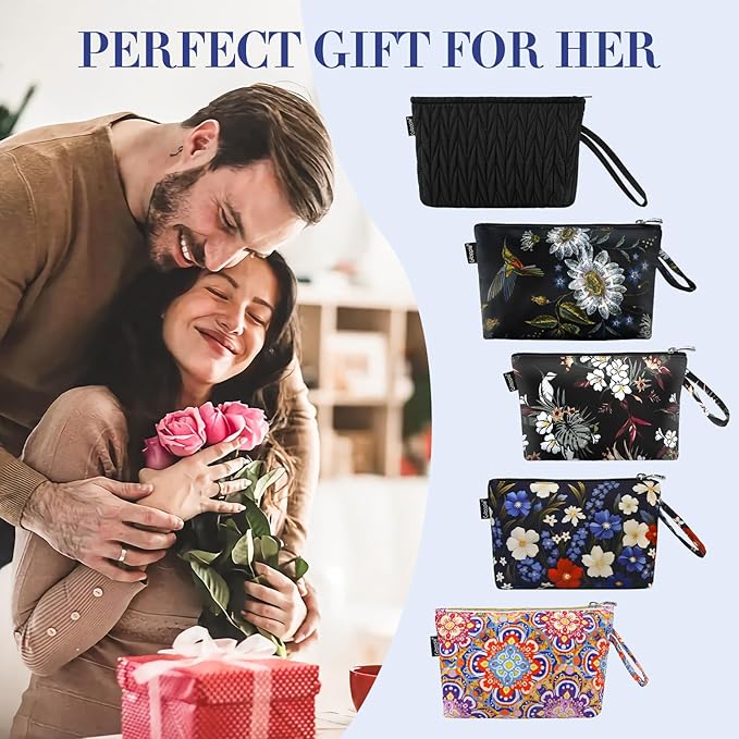 Gloppie Black Makeup Bag Small Cosmetic Bag for Purse Puffy Padded Makeup Pouch Wristlet Pouch Teacher Gifts for Women