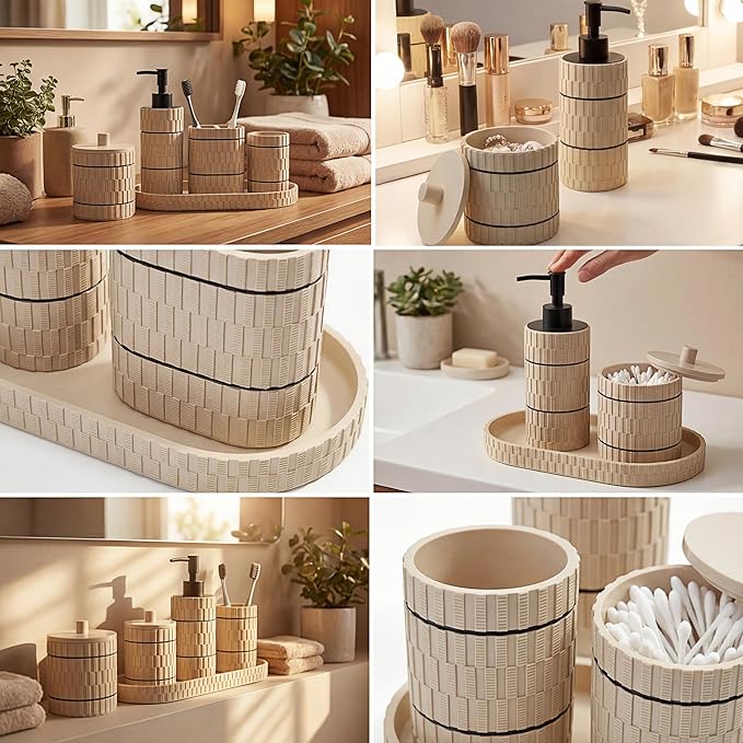 Bathroom Accessory Set, 6 Piece Bathroom Essentials Sets Accessories, Soap Dispenser Set, Toothbrush Holder, Vanity Tray, Tumbler, Cotton Swab Jars, Decor Organizer for Modern Bathrooms(Beige)