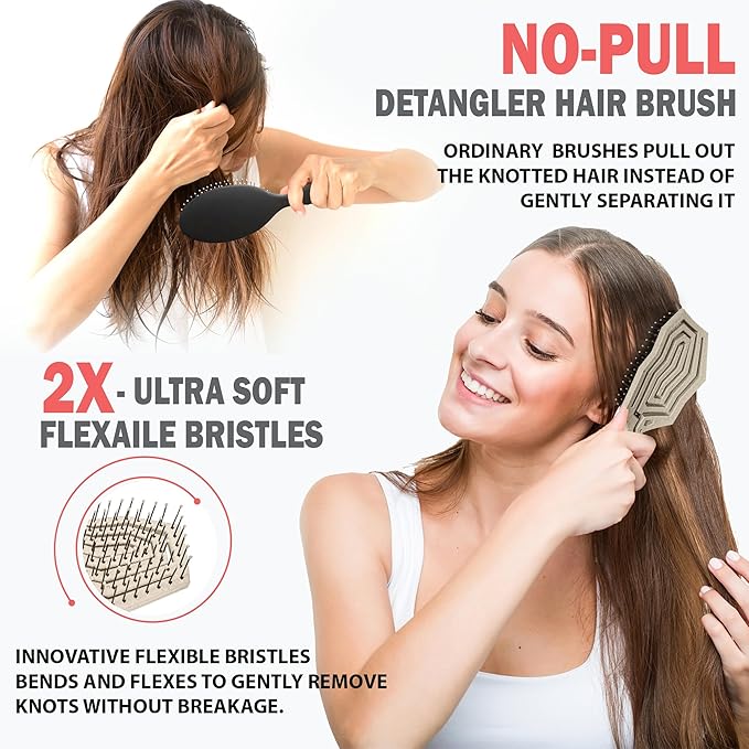 Fiora Naturals Hair Detangling Brush for Women - Detangler Hair Brush w/Flexible Soft Bristles- Gently Glides Through Tangles - Curly, Fine, Dry and Shower Wet Hairbrush, cepillo para cabello-Beige