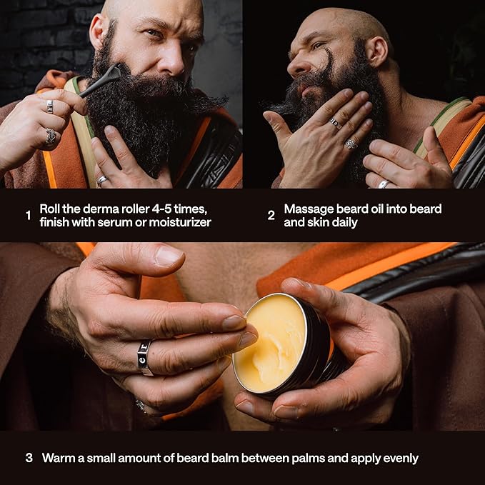 Beard Growth Kit for Men – with Beard Oil, Derma Roller for Hair Growth, Biotin Balm & Comb – Mustache Shaper & Straightener – Mens Care Grooming Kits, Beard Softener, Just for Men Gift Set