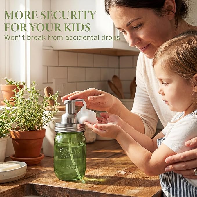 Amolliar Plastic Mason Jar Foaming Soap Dispenser Pump Lid, 16oz Foam Soap Dispenser with Cute Lables - Green Refillable Hand Soap Dispenser for Bathroom Kitchen Shower (2 Pack, Silver)
