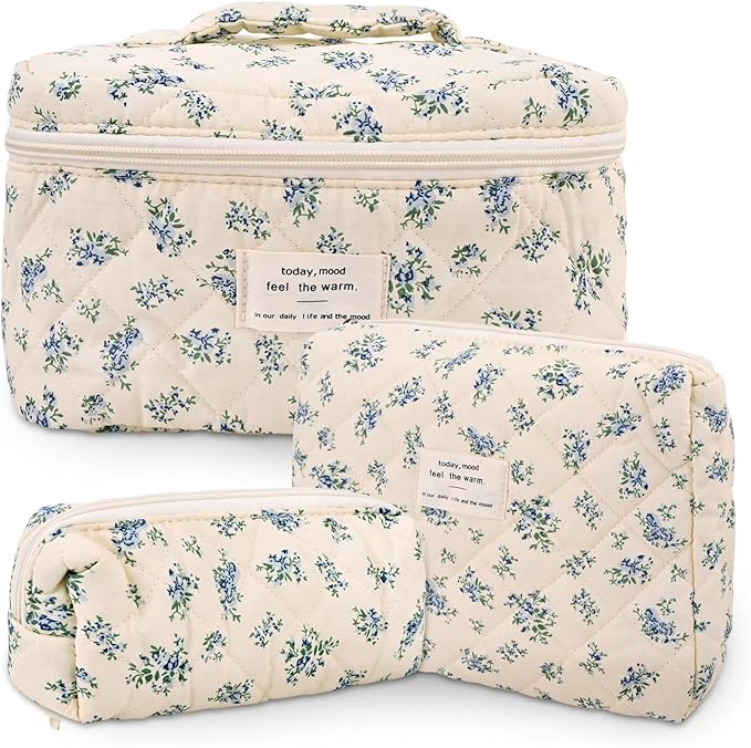 3Pcs Cotton Quilted Makeup Bag Large Travel Cosmetic Bag Coquette Makeup Pouch Cute Aesthetic Floral Toiletry Bag for Women Girls (flower-P)