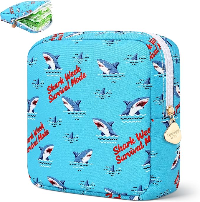Desing Wish Sanitary Pad Storage Bag Portable Period Bag for Teen Pads/Sanitary Napkins/Small Tampons, Sanitary Napkin Storage Bag First Period Gifts for Teen Girls (Shark Week)